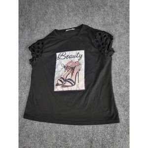 Ko Ko Ailis Graphic Tee Women Sz 2XL Beauty Heels Lace Sleeve Top Black Designer